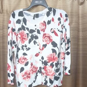 Nue Options White Cardigan with Pink Rose Print